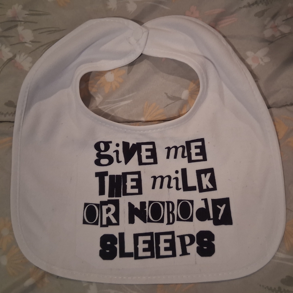 White Baby Bib with Black Text